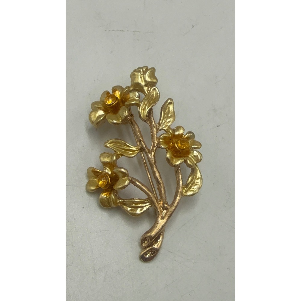 Vintage Gold Tone Floral Bouquet Brooch Amber Rhinestone Flower Pin 2 Inch
